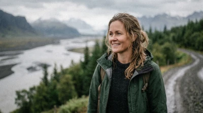 Sigrún Halldórsdóttir, travel writer from Bláskógabyggð, standing on the gravel track above the Hvítá river near Laugarás Lagoon in South Iceland