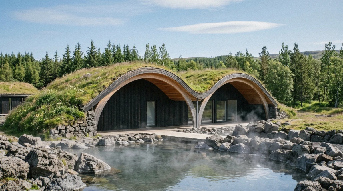 Turf-roofed timber arches and a steaming pool at Laugarás Lagoon on the Golden Circle in South Iceland
