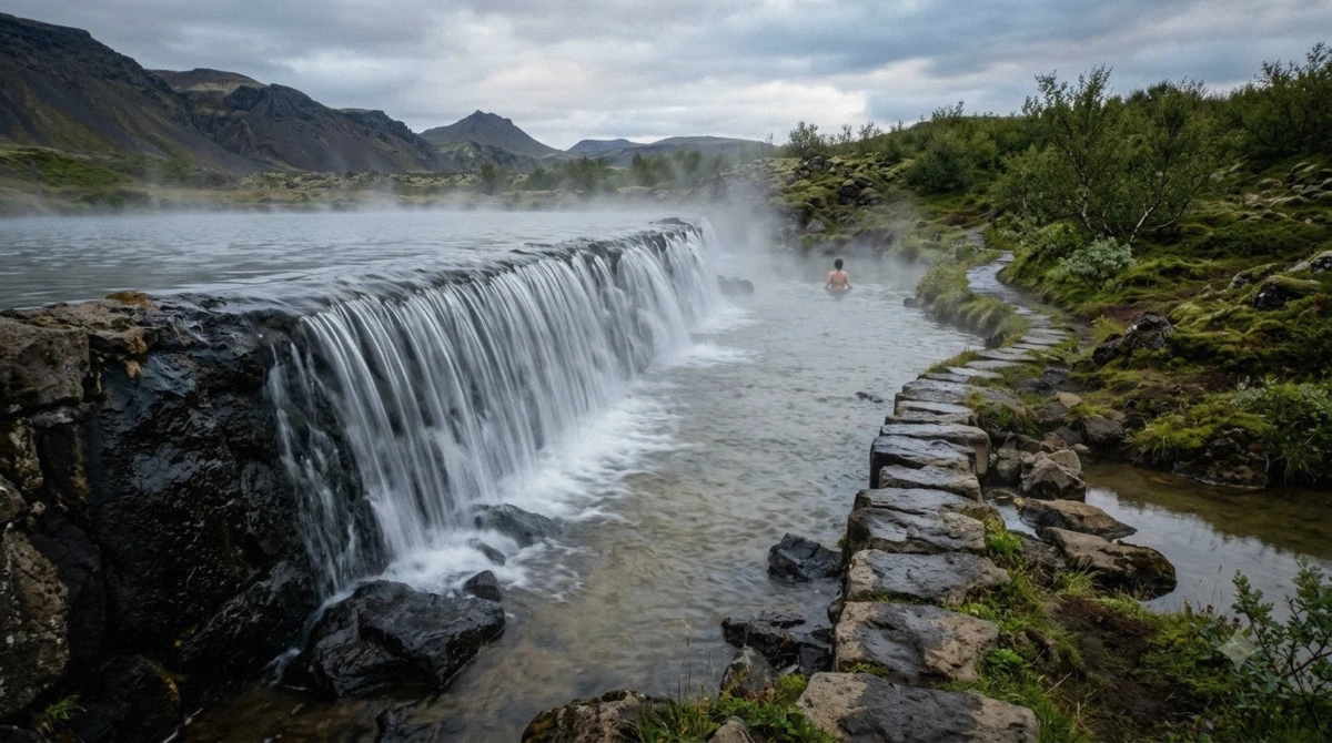Warm water spilling over the stone weir between the upper and lower pools at Laugarás Lagoon on the Golden Circle in Iceland