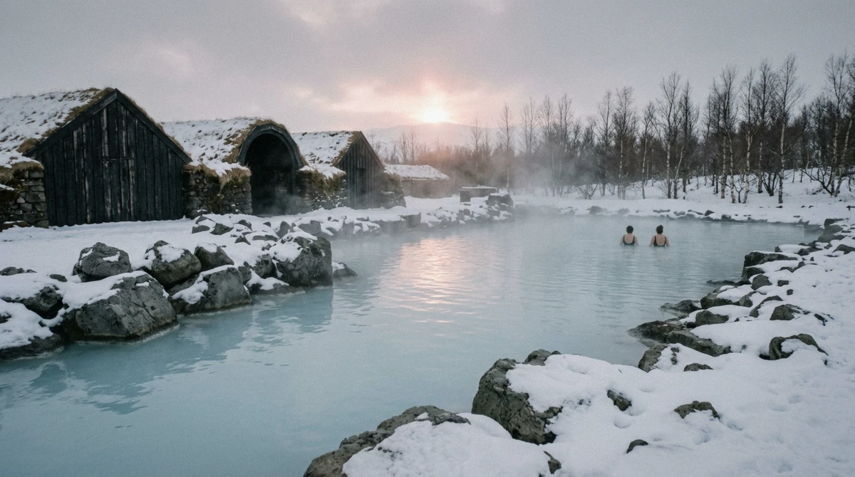 Steam rising off the milky geothermal water at Laugarás Lagoon in South Iceland with snow on the lava boulders around the rim